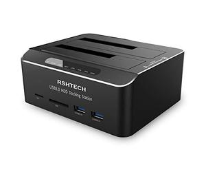 RSHTECH Aluminium Stations d'accueil USB 3.0 Double Baie, RSH-DS02 | Dock Disque pour Disque Dur 2,5"/3,5" SATA HDD SSD, Fonction Clonage Hors Ligne Prend en Charge UASP, 2x16TB, 6 Gbps, SD/TF