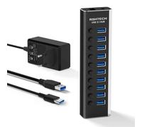 RSHTECH Hub USB 3.0 à 10 Ports Aluminium,Hub USB 3.1 Alimenté Transfert 10Gbps,Equipé d'un Adaptateur Secteur 12V/3A,Interrupteur Indépendant et Câble de données * 2 (Ty - Type with EU Plug Adapter