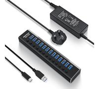 RSHTECH Hub USB 3.0 à 13 Ports Aluminium, Hub Multiprise USB Alimenté Maximum 10 Gbps, Equipé d'un Adaptateur Secteur 12V/6A, Interrupteur Indépendant et d'un Câble de Données 10 Gbps * 2. RSH-A13