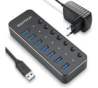 RSHTECH Hub USB Alimenté, Aluminium Hub USB 3.0 à 7 Ports, RSH-518 | Multiprise USB 3.0 avec 5V/2A Alimentation Externe Multi Port Hub, 5Gbit/s, Commutateurs Individuels et Indicateur LED