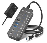 RSHTECH - Répartiteur de hub USB 3.2/USB-C à 7 ports avec 3 ports USB 3.2 10 Gbps (2C + 1A), 4 ports USB-3.0 (2C + 2A), câble de 3,2 pieds, interrupteurs tactiles et adaptateur secteur