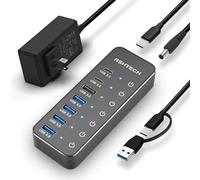 RSHTECH RSH-ST07C Hub USB 3.2/USB C alimenté à 7 Ports avec 10 Gbps USB-A 3.2, 2 Ports USB-C 3.2, 4 Ports USB 3.0, commutateurs tactiles individuels, câble de 3,3 m et Adaptateur d'alimentation 5 V/3