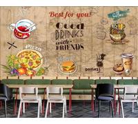 rskjdghshd Papier Peint Mode Grain De Bois Peint À La Main Pizza Burger Shop Décontracté Après-midi Thé Boisson Froide Fond Mur Restaurant Occidental Papier Peint Café Mural,3D,200x140cm