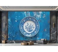 rskjdghshd Papier Peint Moderne Indigo Art Porcelaine Bleue Et Blanche Plaque Suspendue Peinture À L'encre TV Canapé Fond Mur Chambre Salon Salle D'étude Murale,3D,400x280cm
