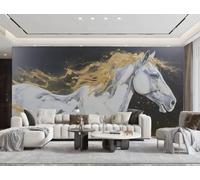 rskjdghshd Papier Peint Moderne Minimaliste Doré En Cours D'exécution Cheval Blanc Art Peinture À L'encre Salon Chambre Fond Mur Papier Peint Hôtel Restaurant Café Mural,3D,250x175cm
