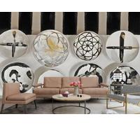 rskjdghshd Papier Peint Moderne Mode Noir Et Blanc Boule Ronde Art Plaque Suspendue Peinture Marbre TV Canapé Fond Mur Chambre Salon Salle D'étude Murale,3D,350x245cm