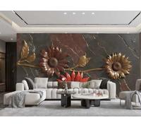 rskjdghshd Papier Peint Moderne Noir Vin Rouge Tournesol Collage Motif Marbre Marron TV Canapé Fond Mur Chambre Salon Étude Murale,3D,350x245cm