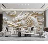 rskjdghshd Papier Peint Moderne Sculpture Sur Pierre Dragon Tête Haute Art Texture Peinture Roche TV Canapé Fond Mur Chambre Salon Salle D'étude Murale,3D,400x280cm