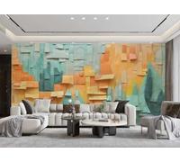 rskjdghshd Papier Peint Moderne Simple En Trois Dimensions Orange Vert Carré Motif Géométrique TV Canapé Salon Fond Mur Restaurant Chambre Salle D'étude Murale,3D,150x105cm