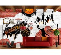 rskjdghshd Papier Peint Mural Rétro Nostalgique En Ciment Avec Lettres De Basket-ball, Graffiti, Bar, Thé, Dessert, Fond De Maison, Restaurant Occidental, Papier Peint Mural Pour Café,3D,200x140cm