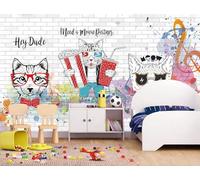 rskjdghshd Papier peint peint à la main dessin animé chat note de musique animalerie fond mur restaurant café mural, 3D, 300x210cm
