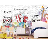 rskjdghshd Papier peint peint à la main dessin animé chat note de musique peinture décorative café restaurant mural, 3D, 150x105cm