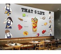 rskjdghshd Papier peint peint à la main thé de l'après-midi boisson froide pâtisserie décoration peinture café restaurant mural, 3D, 400x280cm