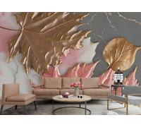 rskjdghshd Papier Peint Relief Moderne Mignon Rose Or Feuille D'érable Collage Gris Marbre Motif TV Canapé Fond Mur Chambre Salon Étude Murale,3D,300x210cm