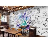 rskjdghshd Papier Peint Rétro Blanc Mur Dessin Animé Graffiti Muisc Thème Bar Restaurant Occidental Fond Mural Après-midi Thé Café Papier Peint,3D,350x245cm