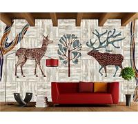 rskjdghshd Papier peint rétro en bois, peinture décorative personnalisée de rennes et d'élans, peinture murale de restaurant de café, 3D, 300x210cm