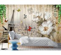 rskjdghshd Papier peint rétro en planches de bois, bâtiment fleuri, ville, salon, peinture décorative, café, restaurant, fresque murale 3D, 250 x 175 cm