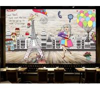 rskjdghshd Papier Peint Rétro Mur De Briques Peint À La Main Dessin Animé Ville Silhouette Hôtel Western Restaurant Fond Mural Après-midi Thé Café Papier Peint,3D,300x210cm