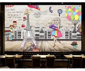 rskjdghshd Papier Peint Rétro Mur De Briques Peint À La Main Dessin Animé Ville Silhouette Hôtel Western Restaurant Fond Mural Après-midi Thé Café Papier Peint,3D,200x140cm