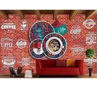 rskjdghshd Papier peint rétro mur de briques peint à la main fleur de café disque lettre peinture décorative café restaurant mural, 3D, 430x300cm