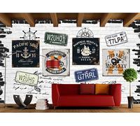 rskjdghshd Papier peint rétro, mur de briques, thème nautique, plaque d'immatriculation, bar, peinture décorative, café, restaurant, fresque murale 3D, 200 x 140 cm