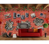 rskjdghshd Papier Peint Rétro Nostalgique Mur De Briques LOVE Gear Music Bar Après-midi Thé Pâtisserie Dessert Maison Fond Mur Restaurant Occidental Papier Peint Café Mural,3D,430x300cm