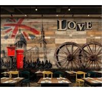 rskjdghshd Papier Peint Rétro Planche De Bois Graffiti Bâtiment Roue D'amour Thème Bar Restaurant Occidental Fond Mural Après-midi Thé Café Papier Peint,3D,400x280cm