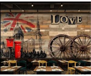rskjdghshd Papier Peint Rétro Planche De Bois Graffiti Bâtiment Roue D'amour Thème Bar Restaurant Occidental Fond Mural Après-midi Thé Café Papier Peint,3D,430x300cm
