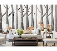 rskjdghshd Papier peint simple d'élans, d'oiseaux volants et de troncs d'arbres pour la décoration du salon, du café et du restaurant, fresque murale, 3D, 350x245cm