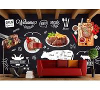 rskjdghshd Papier Peint Tableau Noir Peint À La Main Délicieux Steak Shop Pizza Gourmet Après-midi Thé Boisson Magasin Fond Mur Restaurant Occidental Papier Peint Café Mural,3D,150x105cm