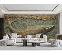 rskjdghshd Papier Peint Tridimensionnel Sculpture Dorée Gros Poisson Relief Océan Art Paysage Salon Chambre Fond Mur Papier Peint Hôtel Restaurant Café Mural,3D,350x245cm