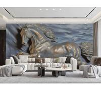 rskjdghshd Papier Peint Tridimensionnel Simple Couleur Cuivre Cheval Relief Art Bleu Sculpture Salon Chambre Fond Mur Papier Peint Hôtel Restaurant Café Mural,3D,430x300cm
