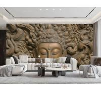 rskjdghshd Papier Peint Tridimensionnel Statue De Bouddha Doré Relief Sculpture Sur Cuivre Art Paysage Salon Chambre Fond Papier Peint Mural Hôtel Restaurant Café Mural,3D,150x105cm