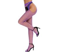 RSLOVE Collants sexy en résille pour femmes avec strass et maille scintillante, collants en dentelle à taille haute, violet, Taille unique