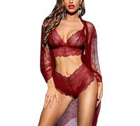 RSLOVE Ensemble de Lingerie Féminine Sexy Robe Kimono 3 Pièces avec Soutien-Gorge et Culotte Ensemble de Vêtements de Nuit Vine Rouge L