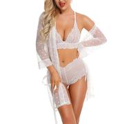 RSLOVE Ensemble de Lingerie Féminine Sexy Robe Kimono 3 Pièces avec Soutien-Gorge et Culotte Ensemble de Vêtements de Nuit Blanc M