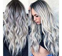 RSM Perruque synthétique longue aspect naturel ondulé résistante à la chaleur Gris argenté ombré