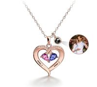 RSQGT Collier Cœur Personnalisé avec Prénom Gravée, Projection Photo et Pierre de Naissance. Cadeau pour Anniversaire, Fête des Mères ou Saint-Valentin (pendentif photo personnalisable)