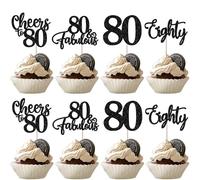 Rsstarxi Lot de 24 décorations de cupcakes noires à paillettes pour 80e anniversaire - 80 fabuleux pics à cupcakes - Décorations de gâteaux pour 80e anniversaire de mariage