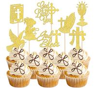 Rsstarxi Lot de 24 décorations pour cupcakes « God Bless and Cross » - Motif colombe - Décoration de gâteau de première communion pour fête prénatale - Doré