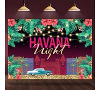 Rsuuinu Havana Toile de fond pour la nuit tropicale hawaïenne, feuilles vertes, fleurs dorées, paillettes de ville, fond pour photographie Aloha Luau anniversaire, enterrement de vie de jeune fille, bannière pour cabine photo, accessoires de studio 2,1 x 1,5 m