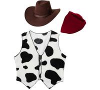 Rswnyirn 3 Pièces Costume Cowboy Gilet Déguisements de Carnaval Veste Rétro et Chapeau de Cowboy Western Bandana Vache et Rouge 15-16 ans