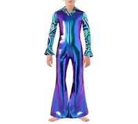 Rswnyirn Costume Disco Garçons Patchwork Jumpsuit Métallique Combinaison Années 70s Déguisements Danse Disco Fêtes Halloween Cosplay Bleu 5-6 ans