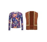 Rswnyirn Costume Diva Disco Enfant Fille Haut Manches Longues et Gilet à Franges Rétro Costume Années 70s Carnaval Brun 13-14 ans