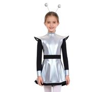 Rswnyirn Déguisement Alien Fille Métallique Brillant Robe Manches Longues et Bandeau Tenue Cosplay Alien Halloween Argent 5-6 ans