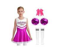 Rswnyirn Déguisement Halloween Pom-Pom Girl Fille Costume Cheerleading avec Pompons Chaussettes Barrette Carnaval Mascarade Rose vif 3-4 ans