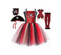 Rswnyirn Déguisement Pirate Fille Deguisement Pirate Accessoires et Princesse Robe Tutu à Paillettes Enfant Carnaval Halloween Rouge 10-12 ans