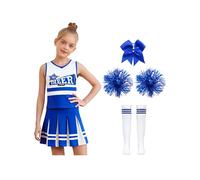 Rswnyirn Déguisement Pompom Girl Fille Costume Cheerleading avec Pompons et Chaussettes Barrette Nœud Halloween Carnaval Bleu Blanc 4-5 ans