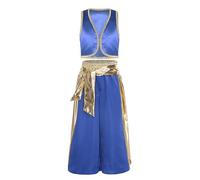 Rswnyirn Déguisement Prince Arabe Garçon Gilet Brodé Or et Pantalon Harem Tenue Prince du Désert Cosplay Halloween Bleu royal 7-8 ans