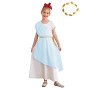 Rswnyirn Enfant Fille Costume Grec Antique Robe Déesse Romaine et Couronne de Laurier Robe Toge Antique Halloween Carnaval Bleu Clair 15-16 Ans